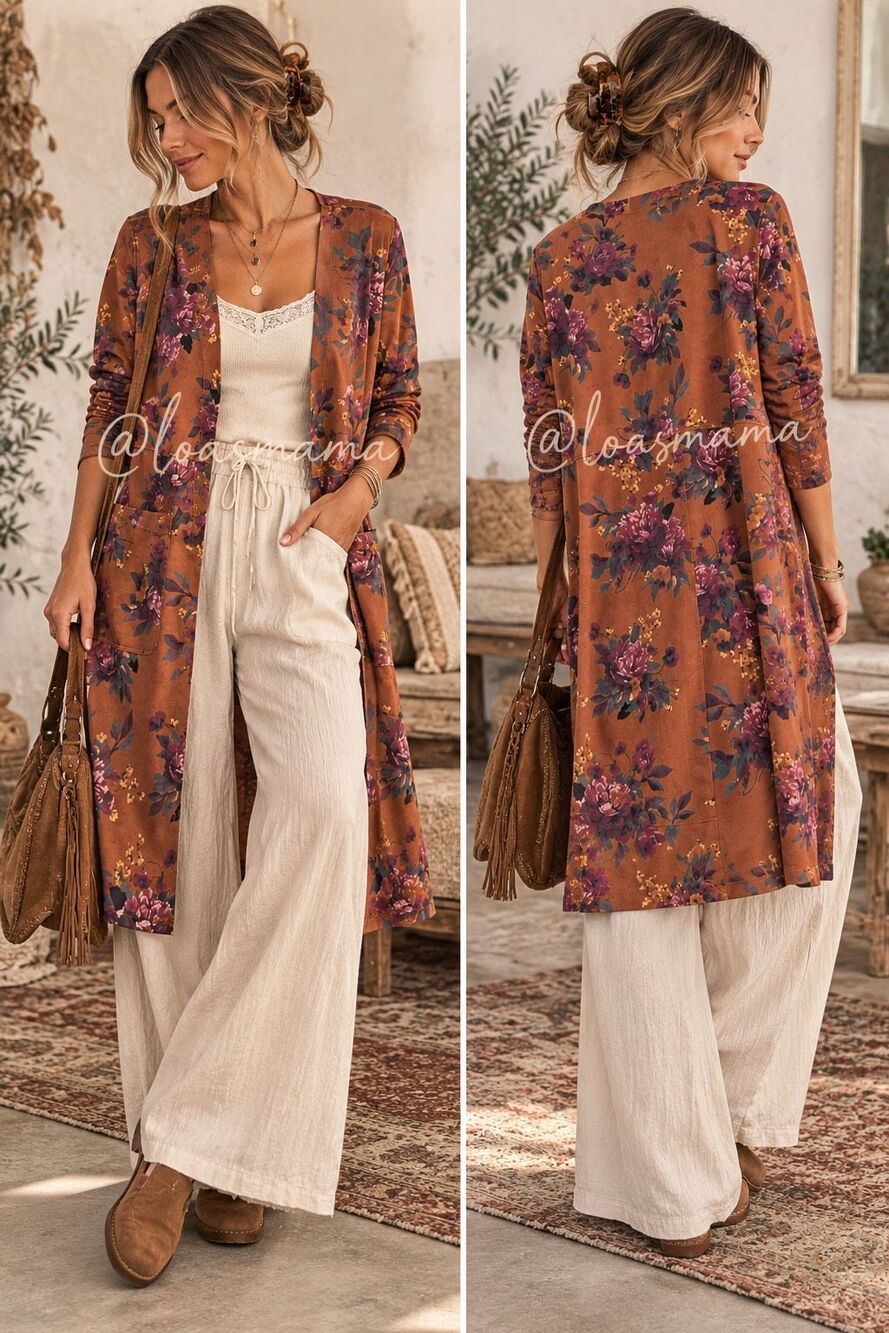 Solitaire Floral Jacket L Rust Brown Boho Longline Open Front Fall Faux Suede